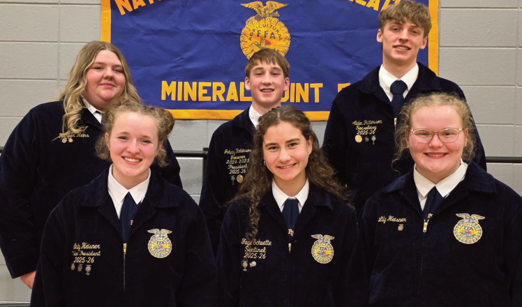 Incoming Officers 2026-27: left to right, front row: Emily Heisner (Vice President), Faye Schuette (Sentinel), and Lily Heisner (Treasurer). Back row: Harper Heins (Reporter), Johnny Robinson (President), and Aiden Patterson (Secretary).