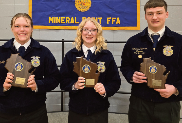 State FFA Degree Award recipients: left to right: Madelyn Steffes, Mallory Gould, and Cameron Patterson.