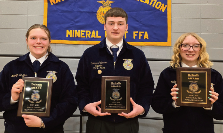 The Dekalb Award for outstanding four-year high school member went to, left to right: Madelyn Steffes, Cameron Patterson, and Mallory Gould.