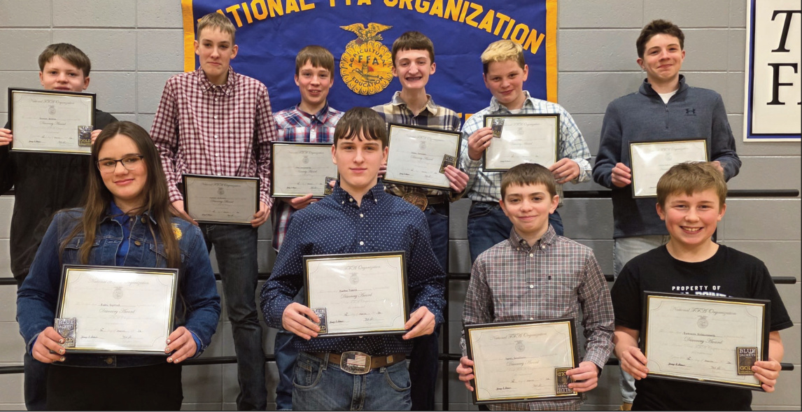 Discovery Degrees were awarded to 8th grade members, left to right, front row: Ruby Syvrud, Hunter Tibbits, Sam Sennhenn, and Everett Fitzsimmons. Back row: Emmitt Steffes, Landon McDonald, Max Dannenberg, Kegan Patterson, Coy Campbell, and Jack Tippett. Not pictured: Jameson Steffes.