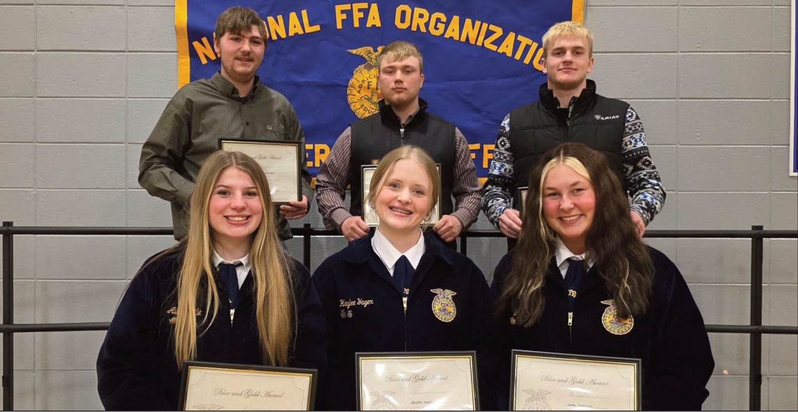 Blue and Gold Awards were awarded to third-year high school members, left to right, front row: Aida Tuttle, Haylee Yager, and Leah Hoffman. Back row: Zander Simenson, Braeden Gallagher, and Jake Dannenberg. Not pictured: Kylie Bennett, Emily Heisner, Johnny Robinson, Jessica Schubert, Faye Schuette, Riley Sennhenn, and Jaydee Woerpel.