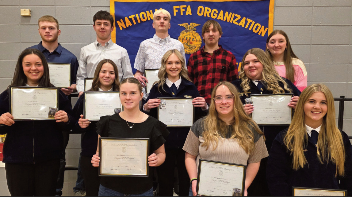 Chapter Degrees were awarded to second-year high school members, left to right, front row: Breanna Tibbits, Hailey McDon- ald, and Alleigh Culver. Middle row: Jaycee Tibbits, Cyntanah Nafzger, Kendyl Ruf, and Harper Heins. Back row: Sawyer Dannenberg, Henry Chapman, Sammy Springer, Sam Schute, and Peyton Brant. Not pictured: Tatum James, Aiden Patter- son, Kaylin Peterson, Carver Potterton, and Kendall Wenger.