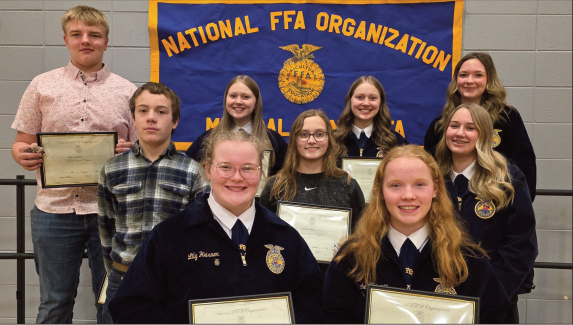 Greenhand Degree Award recipients for first-year high school members, left to right, front row: Lily Heisner and Rachel Heisner. Middle row: Wyatt Knebel, Autumn Robb, and Rilyn Heins. Back row: Tyler Vondra, Kallie Carey, Jayden Carey, and Ryenne Dochnahl. Not pictured: Traevyn Galle, Madelyn McWilliams, and Gunner Reichling.