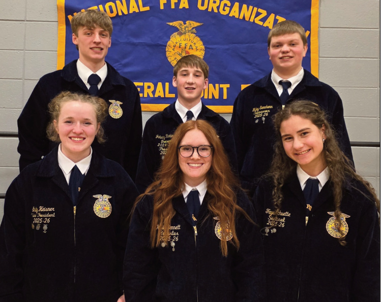 Retiring Officers 2025-26: left to right, front row: Emily Heisner (Vice President), Kylie Bennett (Reporter), and Faye Schuette (Sentinel). Back row: Aiden Patterson (Secretary), Johnny Robinson (President), and Riley Sennhenn (Treasurer).