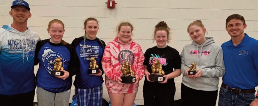 From left to right are: Coach Scott Pittz, Rachel Heiser, Abbey Finley, Lily Heiser, Emily Heiser, Haylee Yager and Assistant Coach Danny Pittz.