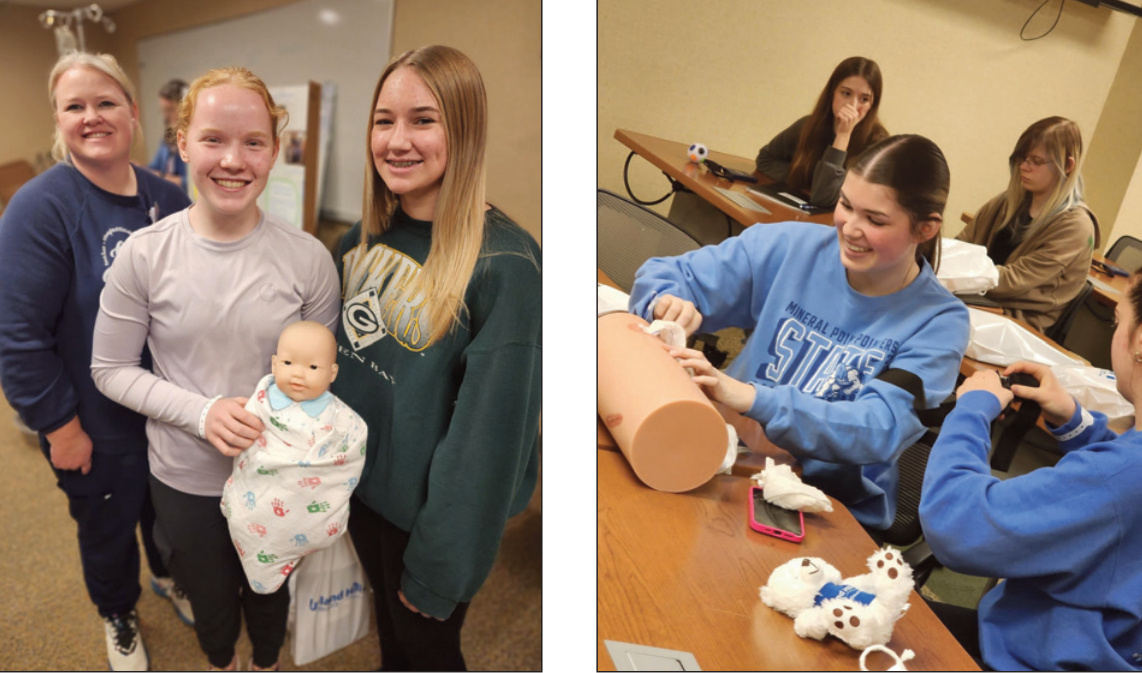 Left: Brittany Steffes - Director of UHH Birth Center speaks to students about the birthing center. Right: Students learning new skills.