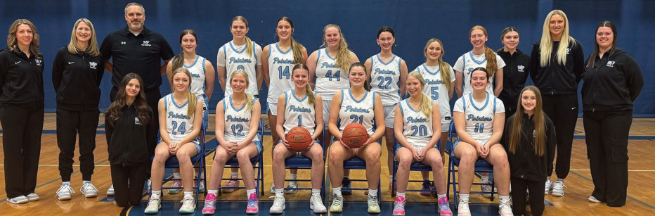 Mineral Point girls won the SWAL basketball title, sharing with Cuba City. Team members are (l-r) front: Manager Kendal Carey, Ava Ingwell, Sadie Miller, Jadyn Schultz, Maddy Kabat, Sophie Miller, Bree Swenson, and Manager Lennie Brunson; back: Assistant Coach Melissa Ryberg, Assistant Coach Tasha Miller, Head Coach Merrill Brunson, Kendall Wenger, Kinlee Prust, Lilly Houtakker, Step- hanie Wallace, Kate James, Payton Christopher, Mya Wagner, Donna Hirsch, Assistant Coach Nicole Johnson, and Assistant Coach Lauren James.