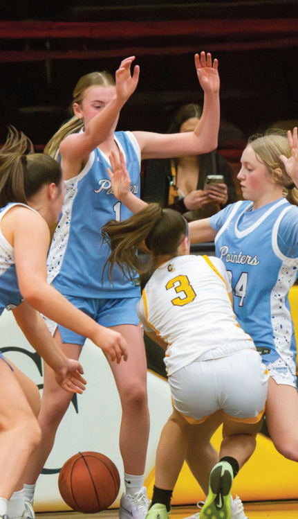 Jadyn Schultx (1) and Ava Ingwell defend.