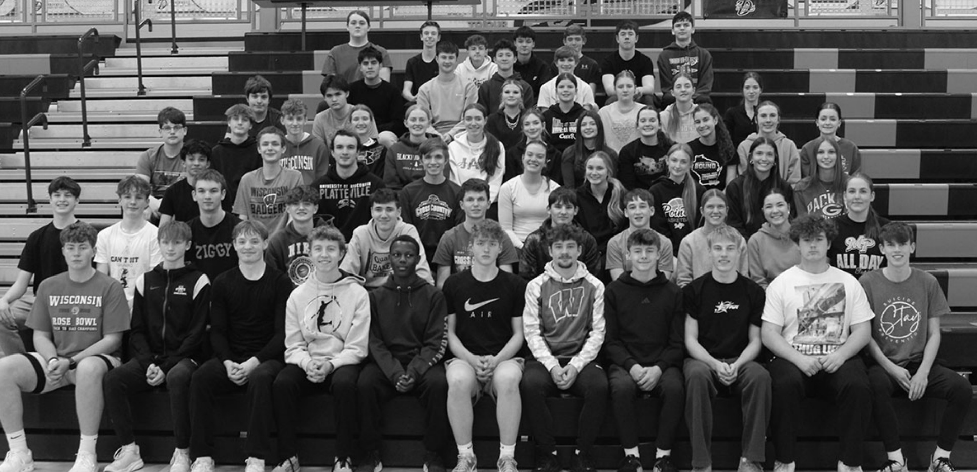 The 2026 Dodgeville-Mineral Point track & field teams will be made up of l(-)r front: Kaleb Kruel, Peyton Elsner, Harper Olson, Ty Chapiewsky, Victor Musinguzi, Chase Cartwright, Brock Fockler, Jaxon Jabs, Damon Marr, Finn Fitzsimons, Griffin Innerst; row 2: Griffin Hanson, Oliver Hebgen, Carson Shearer, Cade Bohnsack, Owen Michek, Nolan Allendorf, Thorin Vamstad, Johnny Robinson, Brekken Black- ford-Hesselberg, Irene Martinez, Margareta Schoellemann;Row 3: Eziekel Renderos, Brayden McWilliams, Austin Shearer, Gabe Engel, Brynn Swenson, Payton Christopher, Beth Jewell, Jenna Johnson, Kit Finley; row 4: Mitchell Slusser, Garrett Mancuso, Carter Reed, Kyler Stodola, Carissa Melssen, Elena Michek, Imi Humphrey, Gaelle Descamps, Bree Swenson, Faye Schuette, Abbey Finley, Madelyn McWilliams; row 5: Zach Van Haren, Vince Lewis, Jaycee Gorham, Kaleigh Innerst, Emma Butteris, Raina Arndt, Avalee Langreck; row 6: Anthony Buleje-Cadena, Bo Lindsay, Parker Wilson, Ben Engel; row 7: Logan Johnson, Wyatt Hamilton, Finn Coogan, Arrow Greenwood, Murphy Keyes, Henry Chapman, Liam Kabat. Missing: Austi Leigh, Lilly Murn, Shayna Sigg, Eli Brokopp, Brynnlin Cartwright, Zayne Cartwright, Banner Cartwright, Chloe Eastman, Lilly Heisner, Scarlett Raab, Leah Raab, Emily Heisner, Rachel Heisner, Jennifer Helin, Gerardo Hernandez, Leif Nelson, Jacob Paulson, Danika Rowen, Isaiah Argall, Minaya Thomas.