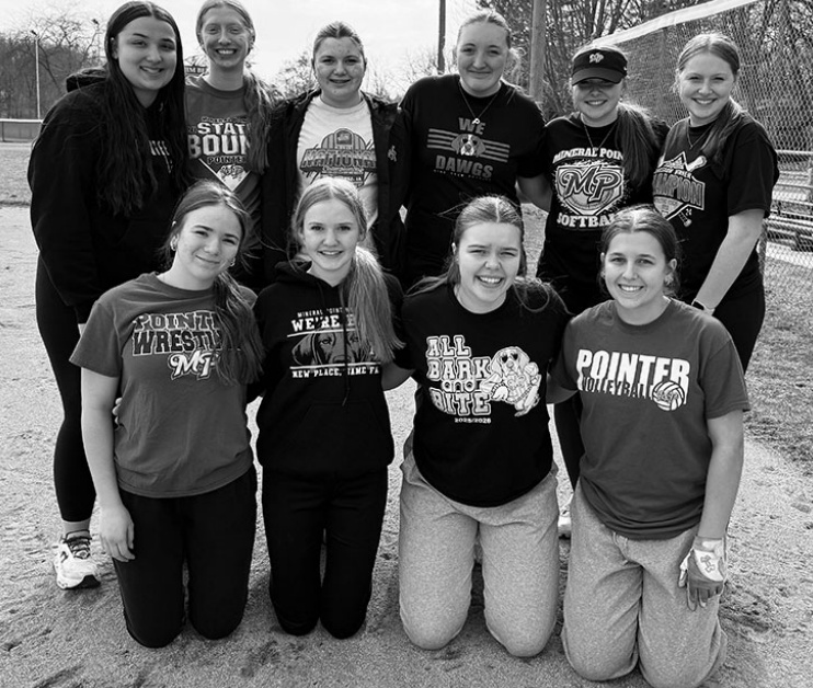 Junior varsity softball players at Mineral Point this season are (l-r) front: Cyn- tannah Nafzger, Cambrey Carey, Syd Godfrey, Chloe Krollback: back: Jaelyn Pete, Mya Wagner, Allie Sullivan, Peyton Brant, Kallie Carey, Jayden Carey.