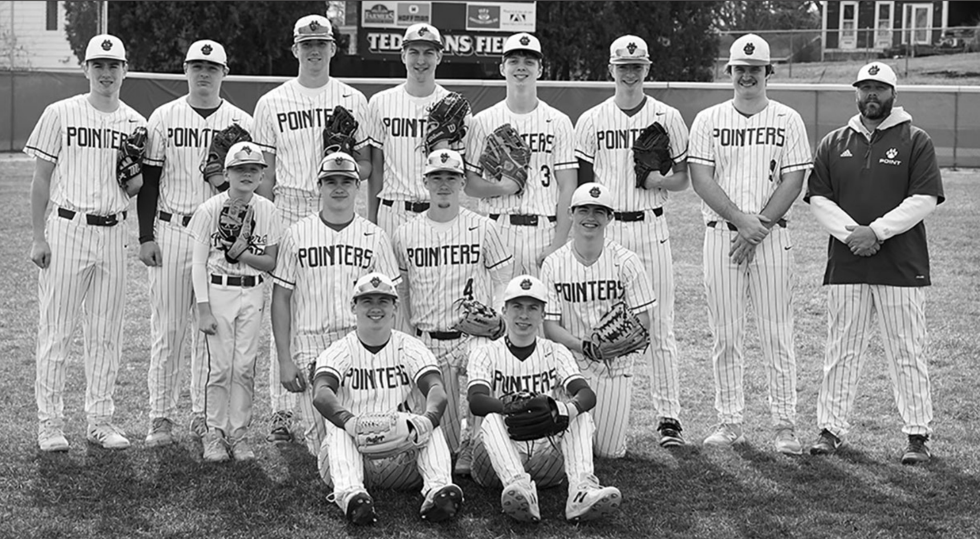 Members of this season's Mineral Point baseball team are (I-r) front: Grady Finley, Adam Cody; middle: manager Braxton Lawinger, Elliot Kite, Brylen Lee, Connor Rolli; back: Jackson Wiker, Evan Kearns, Keegan Wenger, Cole Ripp, Brett Bossert, Hudson Schroeder, Clayton Yanna, Coach Brett Lawinger. Not shown is Braeden Gallagher.