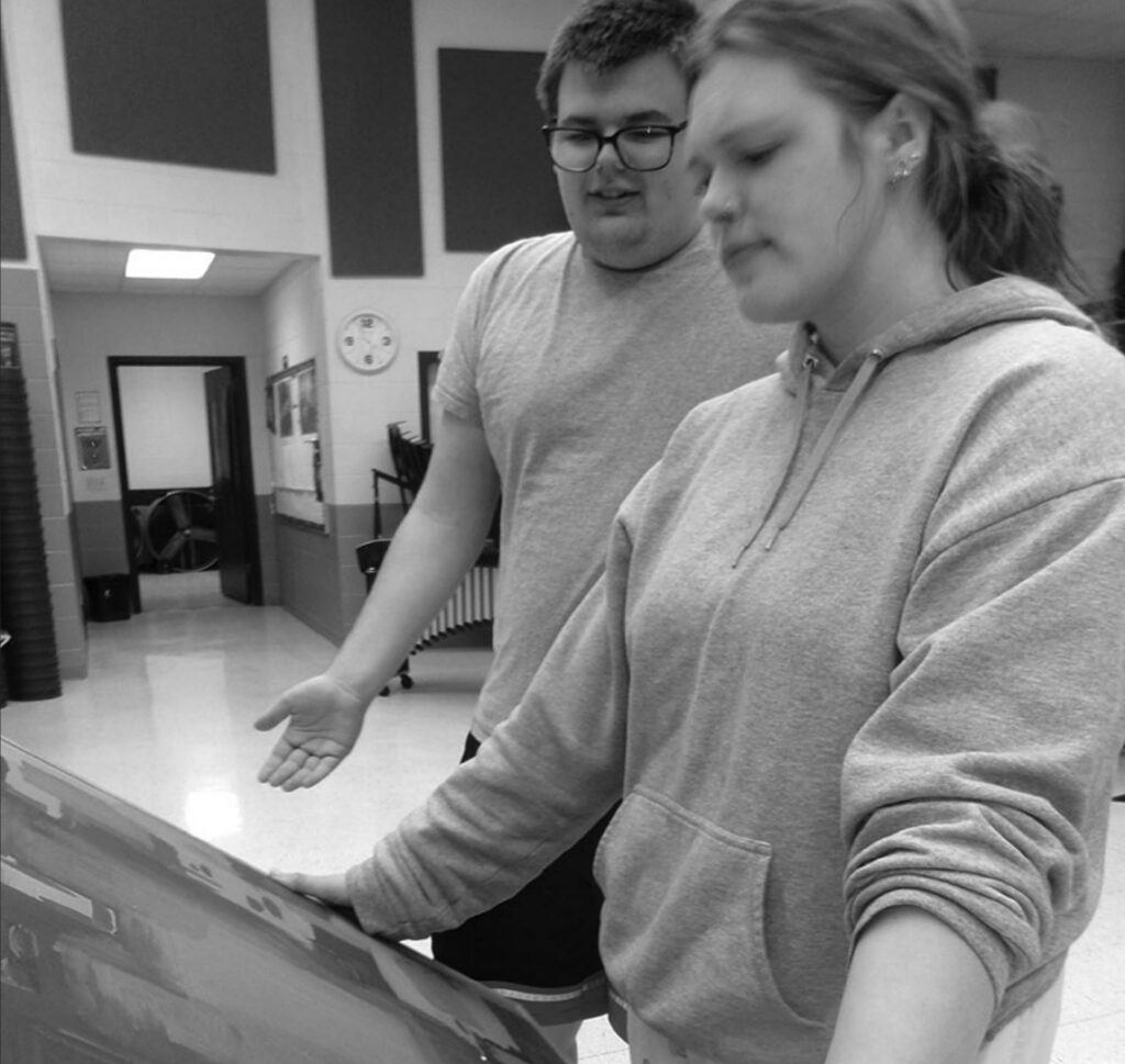 Madelyn Steffes and Connor McGuire rehearse a scene from Almost, Maine, to be presented by the high school drama department at the Mineral Point Opera House April 24 to 26.
