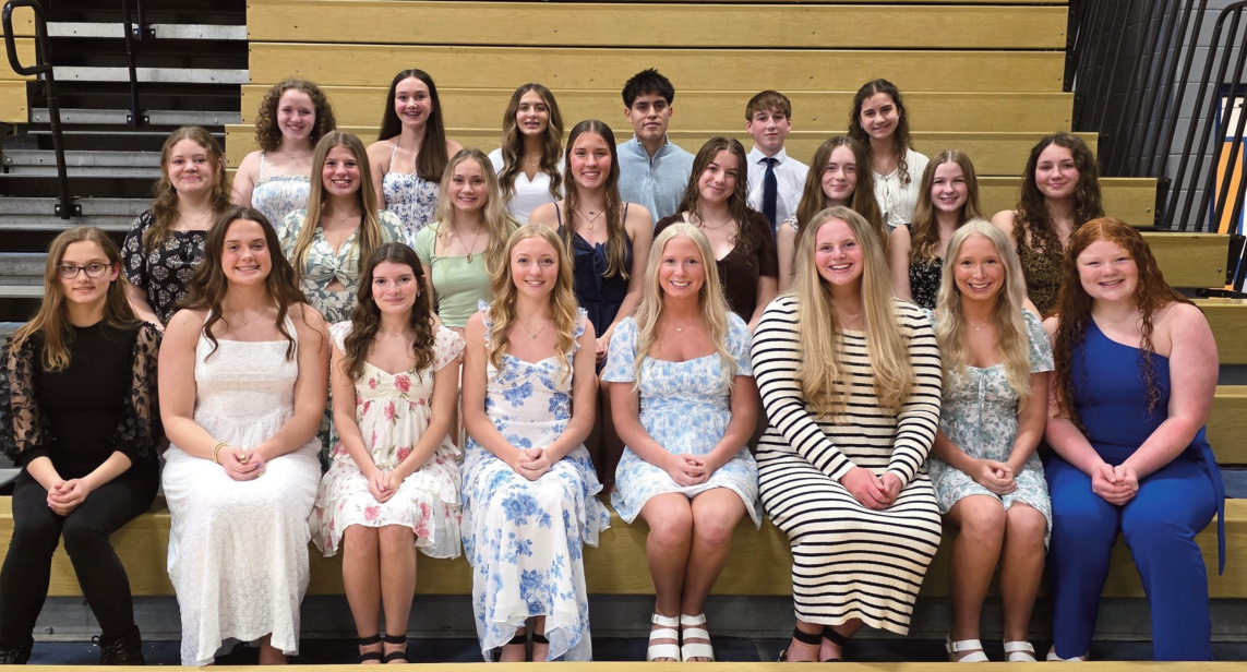 First Year NHS Members, left to right, front row: Autumn Robb, Bree Swenson, Annison Goninen, Ava Ingwell, Sadie Miller, Stephanie Wallace, Sophie Miller, and Ronica Thousand. Middle row: Milena Straka, Aida Tuttle, Payton Christopher, Lilly Houtakker, Liliana Fox, Josephine Dunn, Jaycee Privett, and Violet Renwick. Back row: Emily Heisner, Lucy Paynter, Jessica Schubert, Anthony Buleje Cadena, Johnathon Robinson, and Faye Schuette. Mineral Point School District photo.