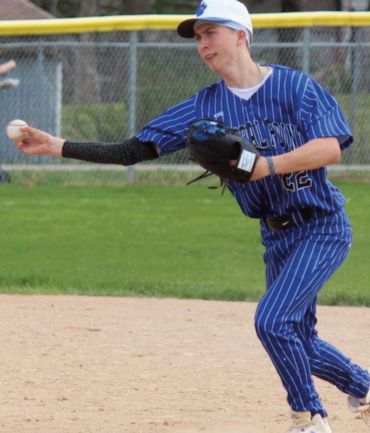Pointer shortstop Adam Cody throws out a Platteville runner in Thursday night's 9-8 victory over the Hillmen. John Dalton photo.