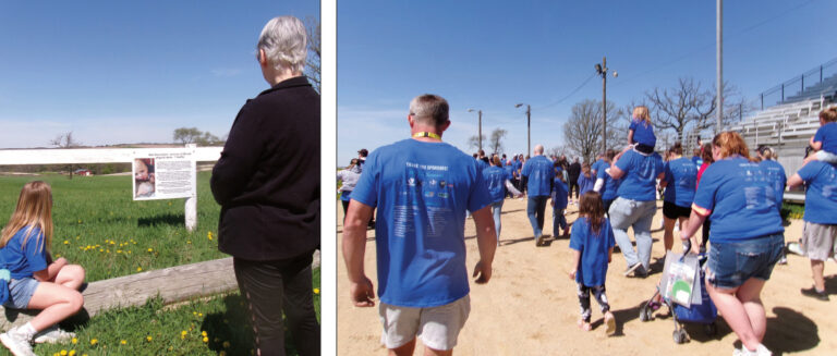Scenes from Wyatt's Walk Saturday at the lowa County Fairgrounds: Two walkers pause to read the story of one child abuse victim. A large group of walkers, many wearing blue event t-shirts, took to the track.