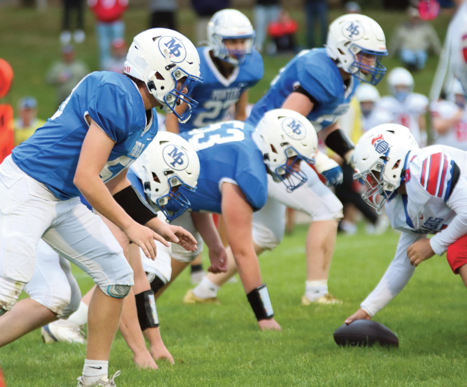 The Pointer defensive line gets set for a play. Photo by Cambrey Carey.